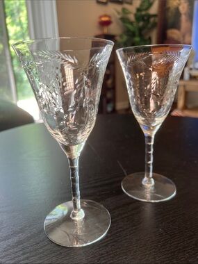 Vintage Ornate Floral Hand Cut Etched Crystal Goblets Wine Glasses